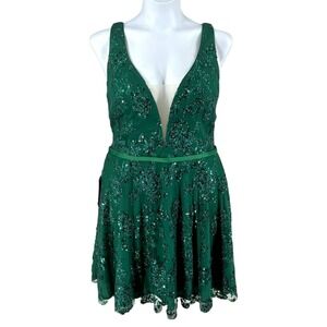 ABBY PARIS 93134 Emerald Sequin Mini Dress 18 Deep V Fit Flare Beaded NWT